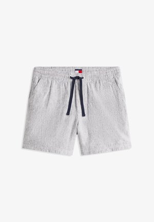 Heledad hallid puuvillased lühikesed püksid, millel on õhukesed vertikaalsed triibud, elastne vöökoht, tumesinist värvi pael, küljetaskud ning väike Tommy Hilfigeri logo vöökohal.