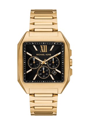 Reloj de pulsera cuadrado dorado Michael Kors con esfera negra, número romano doce, tres subesferas, indicador de fecha y pulsera de eslabones dorados.