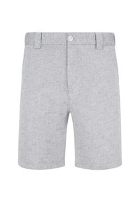 Szare szorty wykonane z teksturowanej tkaniny, z zapięciem na guzik i płaskim przodem. Projekt zawiera szlufki na pasek i boczne kieszenie.