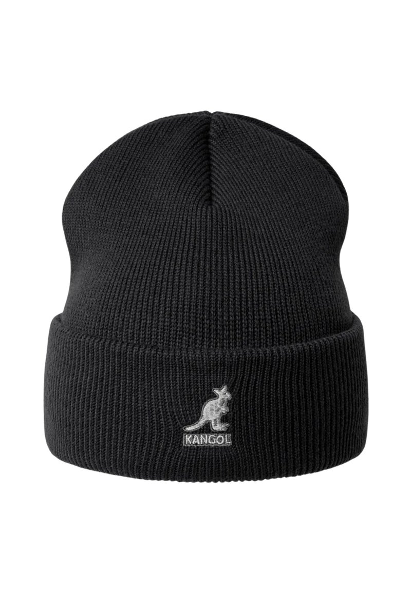 Gorro de punto negro con textura de canalé. Presenta un dobladillo enrollado y un pequeño logo de Kangol en blanco en el lado frontal.