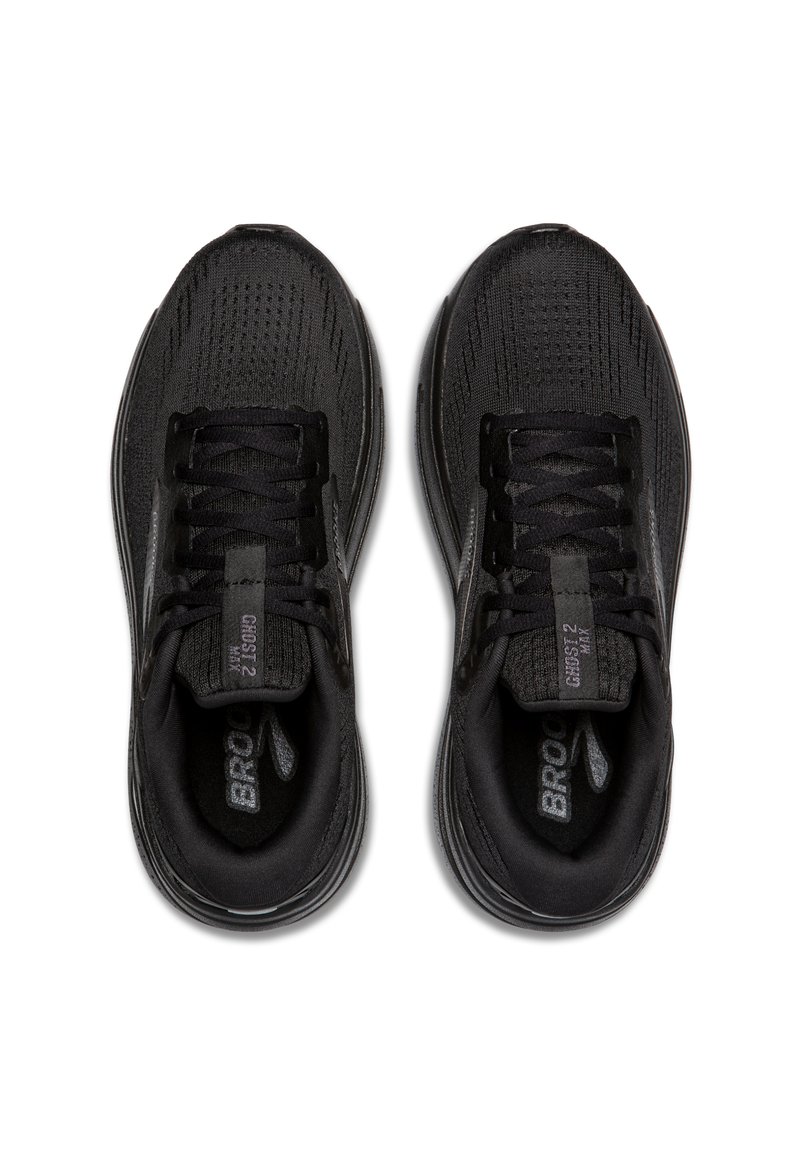 Schwarze Laufschuhe mit strukturiertem Mesh-Obermaterial, flachen Schnürsenkeln, gepolstertem Kragen und gedämpfter Sohle. "Brooks Ghost 12" Logo auf der Zunge.