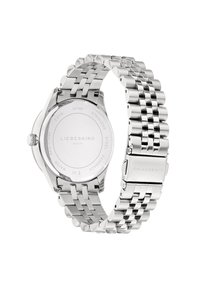 Zilveren roestvrijstalen horloge met een metalen schakelarmband en een gladde achterkant. Kenmerken zijn het gegraveerde merklogo en details over waterbestendigheid.