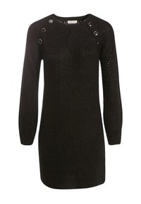 Robe pull noire en tricot avec des manches longues, texture côtelée, encolure ronde et boutons décoratifs en métal sur les coutures des épaules.