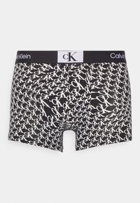 Bóxers negros con un patrón de logotipos "ck" en todo color blanco, con una cinturilla negra etiquetada "Calvin Klein". Material suave y elástico.
