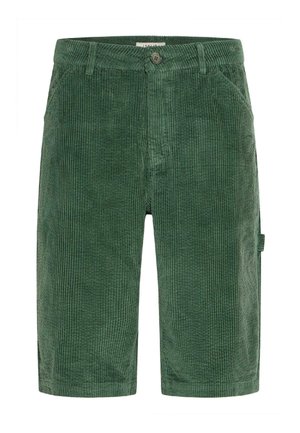 Zöld kordbársony rövidnadrág elülső gombolással, oldalzsebekkel és bordázott textúrával, egyenes szabással.
