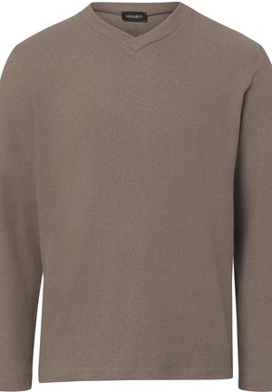 Langärmliger V-Ausschnitt-Pullover in einem gedeckten Braunton, aus weichem Stoff mit glatter Textur; verfügt über ein schlichtes Design und eine normale Passform.