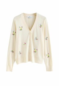 Krémový cardigan s designem v-neck, se zdobením květinové výšivky v růžové a zelené barvě, a pěti knoflíky vpředu. Hladká textura.