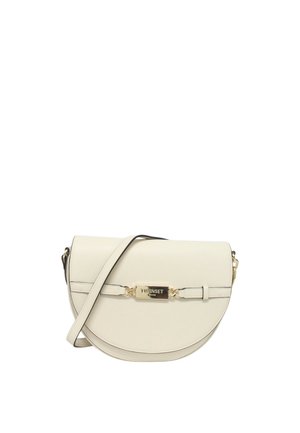 Kremfarvet halvmåne crossbody taske med justerbar rem og guldfarvet TWINSET Milano logo plade på frontklappen.