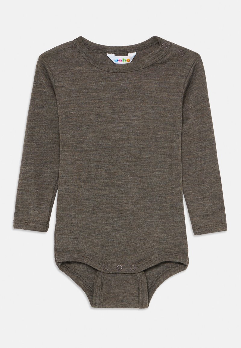 Rjav bodysuit za dojenčke z dolgimi rokavi, z gumbi na rami in mednožju, izdelan iz mehkega pletenega blaga.