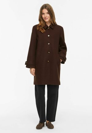 Jonge vrouw draagt een donkerbruine jas met knopen en zakken, zwarte broek en bruine loafers, staand tegen een effen lichte achtergrond.
