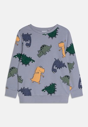 Jasnoszara bluza z kolorowymi nadrukami dinozaurów w kolorach pomarańczowym, zielonym i granatowym, z ściągaczami na rękawach i zaokrąglonym dekoltem.