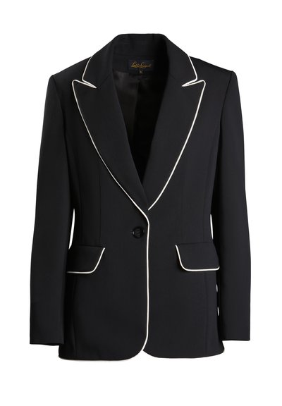 Tengerészkék zakó fehér cipzárral, egysoros gombolás, két elülső zseb, strukturált hajtókák és sima szövet textúra. Megjelenített méret: S.