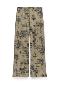Lange broek met wijde pijpen in beige stof, voorzien van een gesepte patroon in zwart en blauwe tinten, met een elastische tailleband voor comfort.