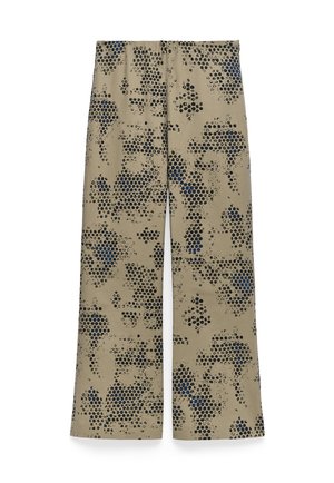 Pantalons larges en tissu beige avec un motif tacheté de nuances noires et bleues, dotés d'une taille élastique pour le confort.