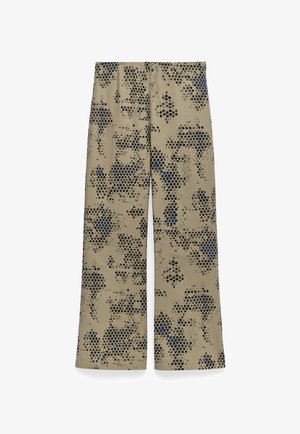 Szerokie spodnie w beżowym kolorze z melanżowym wzorem w odcieniach czerni i niebieskiego, z elastycznym pasem dla wygody.
