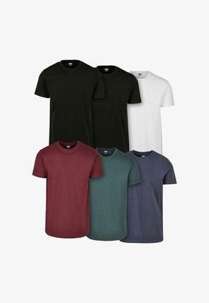Set med sex bomullströjor i färgerna: svart, vit, mörkröd, grön, marinblå och grå. Klassisk crew neck-design med korta ärmar.