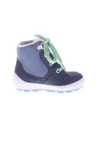Navy and gray children's boots with textured fabric, green laces, and a white rubber sole, featuring a soft lining and ankle cut.