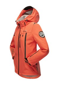 Orange waterproof jacket with a fleece-lined hood, black accents, zippered pockets, and a circular logo on the left sleeve.