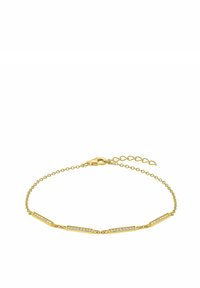 Pulsera dorada con eslabones rectangulares adornados con pequeñas piedras transparentes, una delicada cadena y un cierre de langosta con una cadena de longitud ajustable.