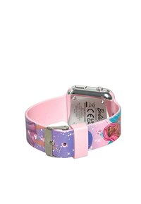 Orologio a tema Barbie con cinturino in silicone rosa, caratterizzato da colorati disegni dei personaggi, fibbia in metallo argento e retro in acciaio inossidabile.