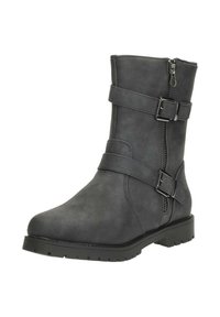 Black leather ankle boot with two buckle straps and side zipper. Features a textured finish and a rugged sole for traction.
