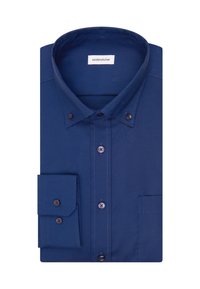 Vouwhemd in marineblauw met lange mouwen en een zak aan de linkerkant, met een merklabel aan de binnenkant van de kraag.