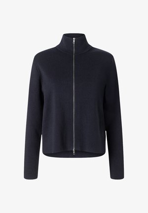 Tmavě modrý svetr s dlouhými rukávy, vysokým límcem a stříbrným celopropínacím předním zipem, lehce zkrácený lem.