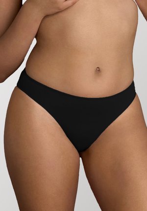 Parte bassa del bikini nera con un design a taglio alto e tessuto liscio e elastico. Presenta cuciture minime e una silhouette semplice e contemporanea.