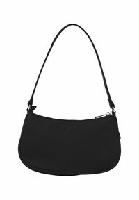 Zwarte nylon schoudertas, semi-gestructureerd met een gebogen vorm, voorzien van een ritsluiting, enkele schouderriem en minimale hardware-accenten.
