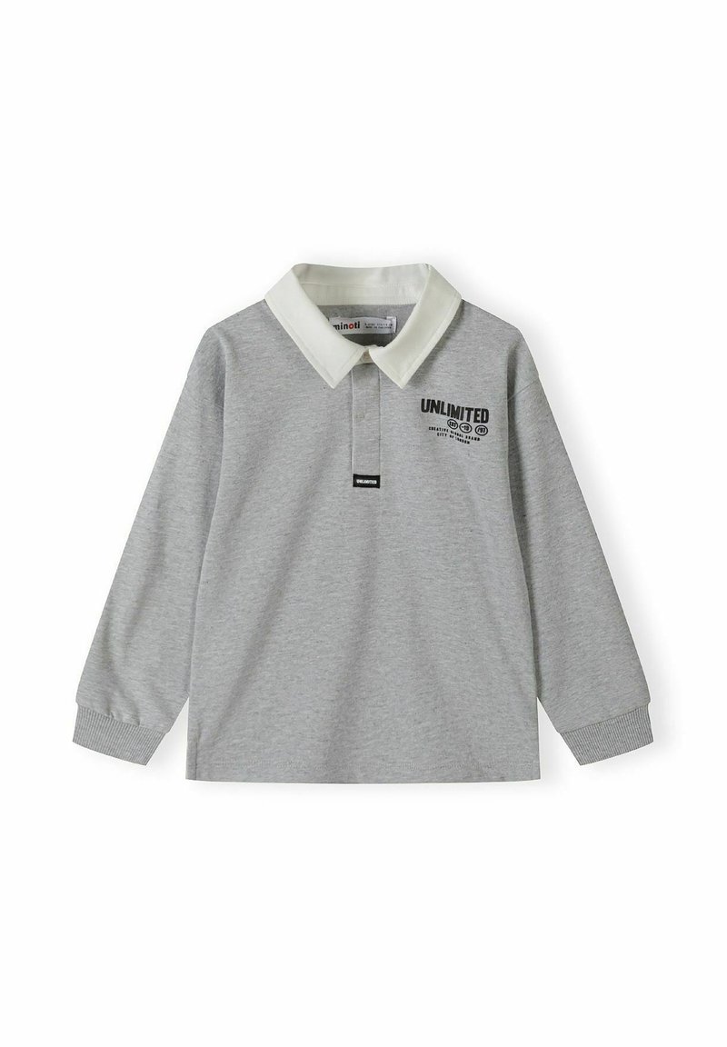 Szara longsleeve polo z białym kołnierzykiem, z nadrukowanym logo "UNLIMITED" oraz akcentami na piersi i kołnierzyku. Prosty i casualowy design.