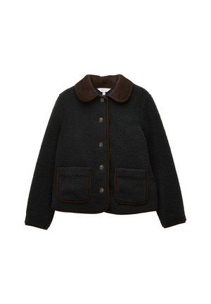 Black fleece jacket with a brown corduroy collar, front button closure, and two patch pockets outlined in brown. Soft texture and relaxed fit.