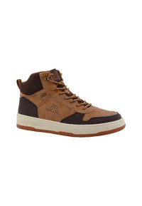 Brown high-top sneakers made of suede and synthetic material. Features a dark brown accent, lace-up front, and textured rubber sole. Kappa logo visible.