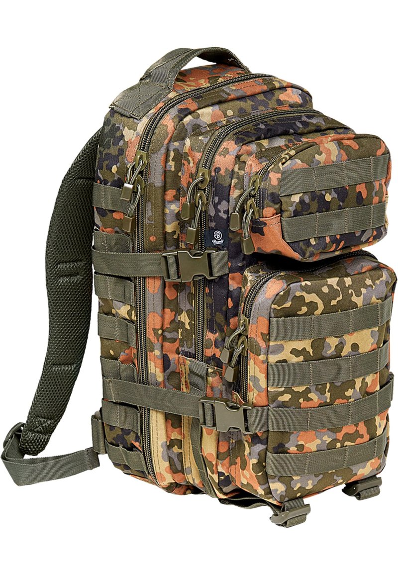 Camouflage backpack in orange, green, and brown hues. Features multiple zippered compartments, robust zippers, and adjustable straps.
