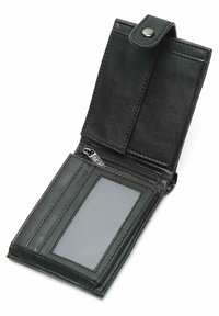 Black leather wallet with a snap closure, featuring a zippered pocket, card slots, and a clear ID window. Smooth texture and minimalist design.