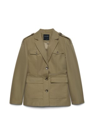 Khaki grüne, maßgeschneiderte Jacke mit Reverskragen, vier vordere Taschen mit Klappen, Knopfverschluss und mit Knöpfen versehene Schulterklappen.