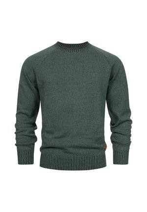 Dunkelgrüner Strickpullover mit geripptem Saum und Bündchen. Verfügt über einen runden Ausschnitt und Raglanärmel. Das Material wirkt weich und strukturiert.