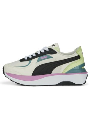 Kremowe, czarne, pastelowo zielone i różowe buty sportowe Puma z białymi sznurówkami, grubą białą podeszwą oraz logo z boku i na języku, pokazane od zewnętrznej strony.