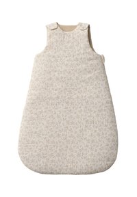 Gepolsterter Schlafsack aus weichem beige Stoff mit leichtem Blattmuster, runder Form und Schulterdrückknöpfen für einen sicheren Verschluss. Textur aus Baumwollmischung.