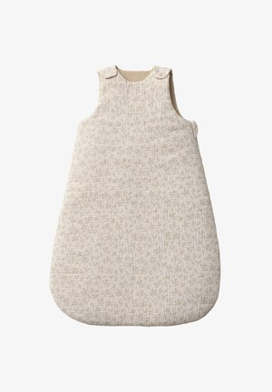 Quilted sleeping bag in soft beige fabric with light leaf pattern, rounded shape, and shoulder snaps for secure closure. Cotton blend texture.