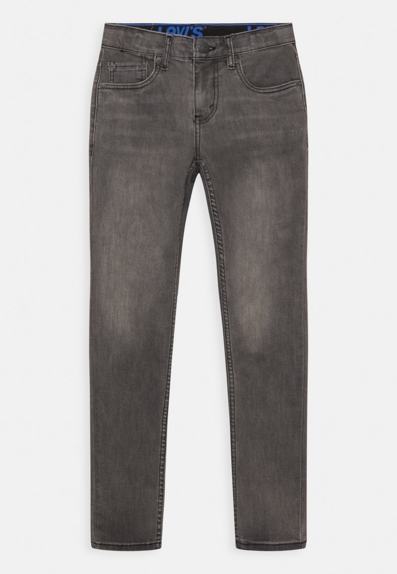 Dark grey denim jeans with a slim fit, featuring a classic five-pocket design and a blue Levi’s logo on the waistband.