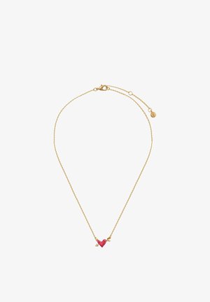 Delicate gold chain necklace with a small red heart pendant pierced by a gold arrow at the center and lobster clasp closure.