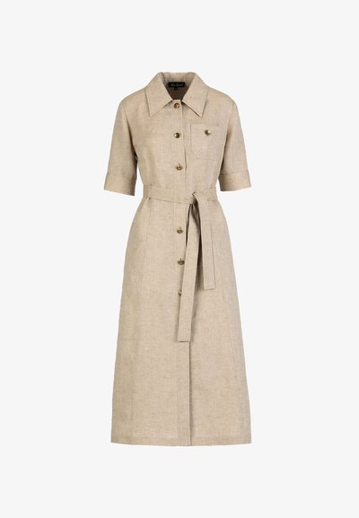 Rochie midi bej din in, cu mâneci scurte, guler, nasturi în față, buzunar la piept și curea din același material legată în talie.