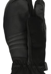 Des moufles noires isolées présentent une paume en cuir texturé, des dos en tissu doux, des bracelets ajustables au poignet, et des coutures renforcées.