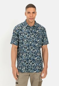 Korte mouwen, button-up shirt in donkerblauw met groene en lichtblauwe bladeren patronen, gemaakt van lichtgewicht stof, met een klassieke kraag.