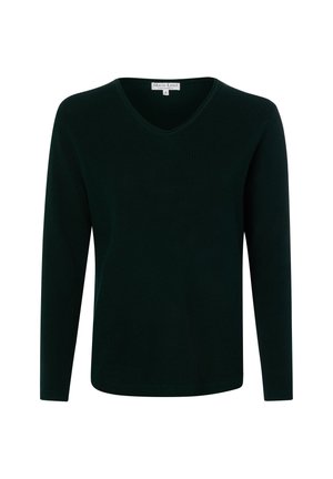 Pull en maille vert foncé à manches longues, col en V et texture côtelée, taille petite.