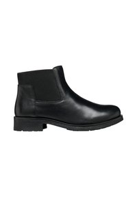 Botte de cheville noire en cuir lisse avec des panneaux latéraux élastiques. Présente un petit talon texturé et un bout arrondi.