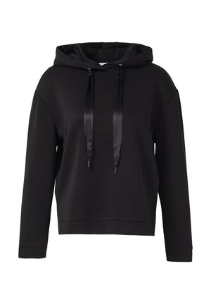 Felpa nera con cappuccio e vestibilità comoda. Presenta coulisse in raso, polsini a costine e una texture morbida. Design semplice e versatile.