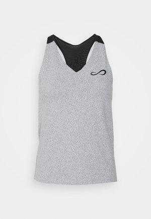 Gråt atletisk tanktop med V-hals design, med sorte mesh-detaljer og et lille sort infinity-logo foran. Glat tekstur.