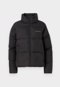 Schwarze Pufferjacke mit hohem Kragen und durchgehendem Reißverschluss. Hergestellt aus glattem Stoff mit horizontalen Steppnähten.