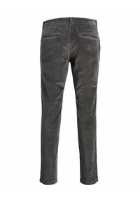 Pantalon en velours côtelé gris foncé avec deux poches passepoilées à l'arrière, coupe droite et taille mi-haute.